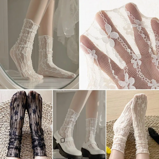 1Pairs Thin Socks Women Summer Ultra Breathable Transparent Lace Socks Lolita Soft Sexy White Ins Mid Socks Fishnet Woman