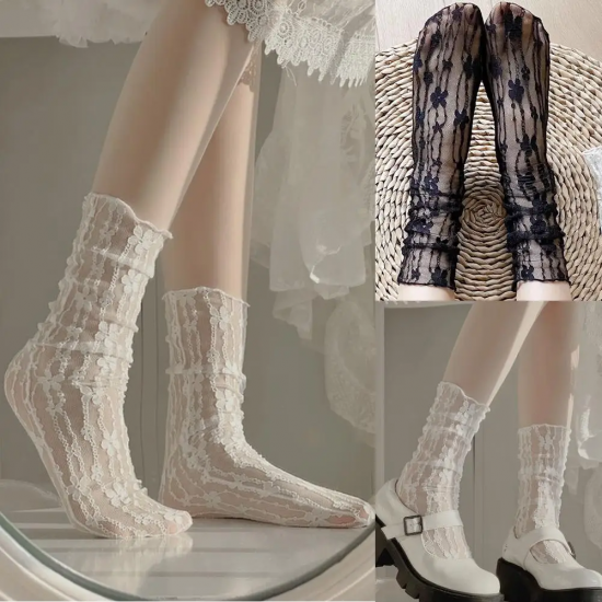1Pairs Thin Socks Women Summer Ultra Breathable Transparent Lace Socks Lolita Soft Sexy White Ins Mid Socks Fishnet Woman