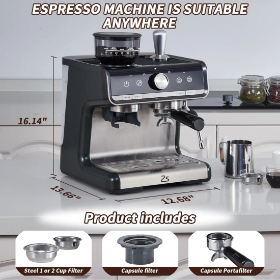 Espresso Machine with Grinder, Professional Espresso Maker with Milk Frother Steam Wand, 20 Bar Barista Cappuccino Machine,1450W