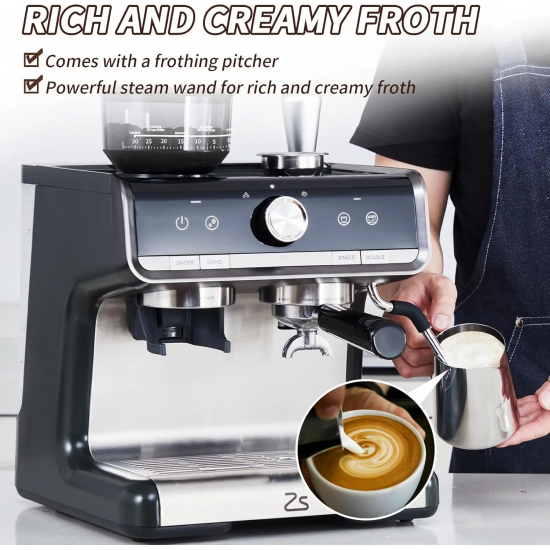 Espresso Machine with Grinder, Professional Espresso Maker with Milk Frother Steam Wand, 20 Bar Barista Cappuccino Machine,1450W
