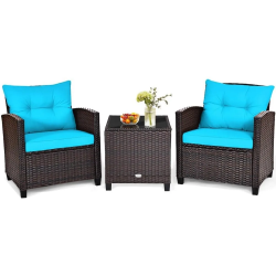 3 Pieces Patio Furniture Set Outdoor Chairs  Balcony Porch Conversation Set with Washable Cushions & Tempered Glass Coffee Table